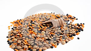 Mixed lentils of different varieties brown, orange and black lie on a white table and next to it is a wooden ladle, spoon, stingy