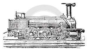 Mixed machine with three coupled axles for passenger trains and goods, vintage engraving