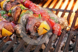 Mixed Meat And Vegetables Kebabs On Charcoal Barbeque Grill photo