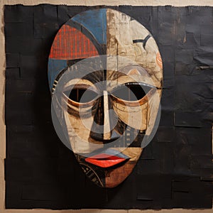 Mixed Media Art: Ugandan Wooden Mask Collage On Linen