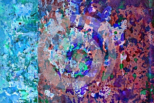 Mixed media artwork, abstract colorful artistic painted layer in blue and pink color palette on grunge texture