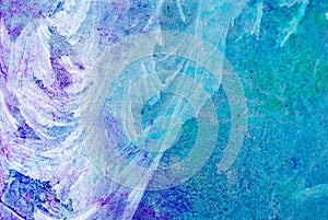 Mixed media artwork, abstract colorful artistic painted layer in blue, purple color palette on grunge ice texture