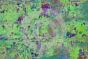 Mixed media artwork, abstract colorful artistic painted layer in green color palette and purple splashes on grunge brick wall