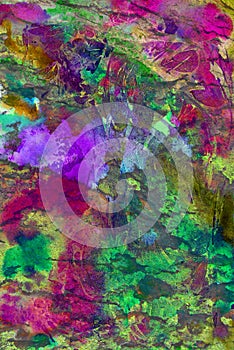 Mixed media artwork, abstract colorful artistic painted layer in green, pink, purple color palette on grunge texture