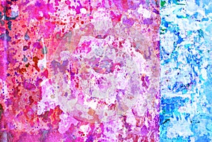 Mixed media artwork, abstract colorful artistic painted layer in pink, blue color palette on grunge texture photography