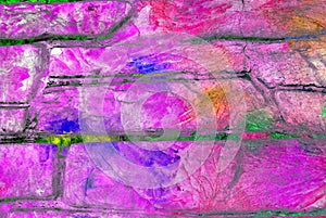 Mixed media artwork, abstract colorful artistic painted layer in pink color palette with yellow and blue splashes on grunge brick