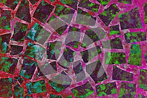 Mixed media artwork, abstract colorful artistic painted layer in pink, green color palette on slab grunge texture