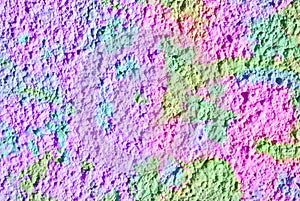 Mixed media artwork, abstract colorful artistic painted layer in pink, purple, green color palette on grunge decorative plaster
