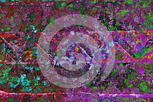 Mixed media artwork, abstract colorful artistic painted layer in pink, purple, green color palette on grunge wall texture