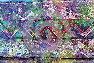 Mixed media artwork, abstract colorful artistic painted layer in purple, turquoise, red color palette on grunge wall texture