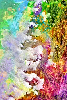 Mixed media artwork, abstract colorful artistic painted layer in white, pink, green color palette on grunge foam texture