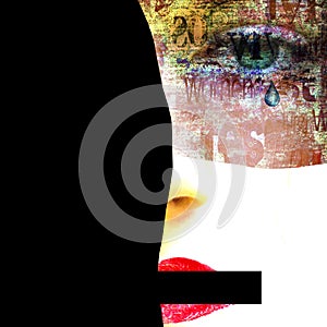 Mixed media. Contemporary art portrait of abused, banned to speak and express opinion woman