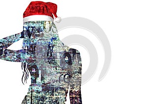 Mixed media contemporary fashion art Happy New Year and Merry Christmas collage. Beautiful girl in red Santa Claus hat