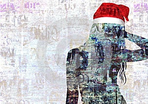 Mixed media contemporary fashion art Happy New Year and Merry Christmas collage. Beautiful girl in red Santa Claus hat