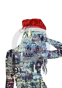 Mixed media contemporary fashion art Happy New Year and Merry Christmas collage. Beautiful girl in red Santa Claus hat