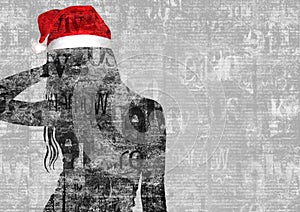 Mixed media contemporary fashion art Happy New Year and Merry Christmas collage. Beautiful girl in red Santa Claus hat