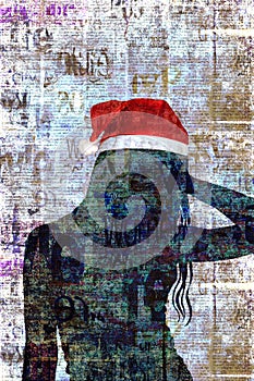 Mixed media contemporary fashion art Happy New Year and Merry Christmas collage. Beautiful girl in red Santa Claus hat