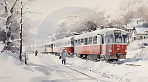 Mixed Media Manned Train Winter Watercolor Painting In Japan