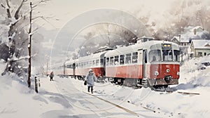 Mixed Media Manned Train Winter Watercolor Painting In Japan photo