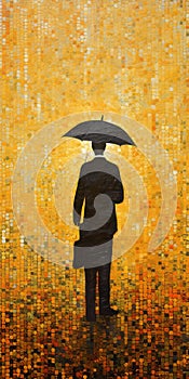 Mixed Media Mosaic: Small Black Umbrella And Man On Yellow Pattern