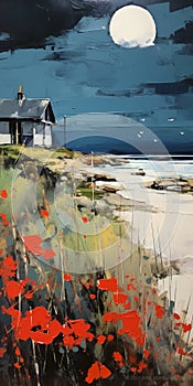 Mixed Media Oil Painting Print: Coastal House With Thatched Roof