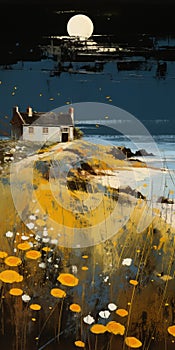 Mixed Media Oil Painting Print - Coastal House With Thatched Roof