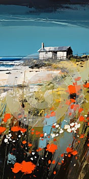 Mixed Media Oil Painting Print - Coastal House With Thatched Roof