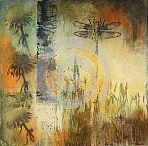 Mixed media painting with reeds and dragonfly photo