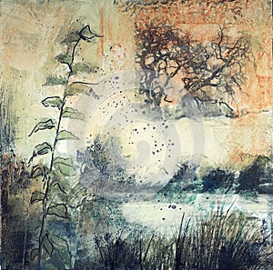 Mixed media painting of trees and river