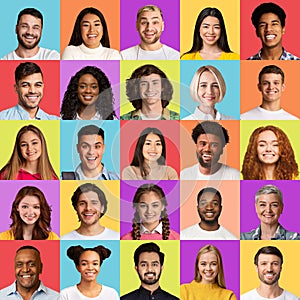 Mixed Men And Women Posing Over Colorful Backgrounds, Collage, Square