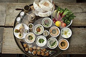 Mixed middle eastern meze sharing food platter in turkish restaurant