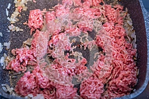 Mixed minced meat in a stainless steel pan shortly before being seared