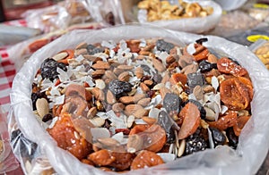Mixed nuts and dried fruits sold at local city market