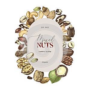 Mixed nuts vector label over hand drawn nuts sketches