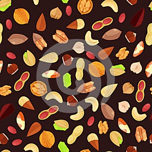 Mixed nuts vector seamless black pattern. Cartoon flat illustration. Textile print background design elements