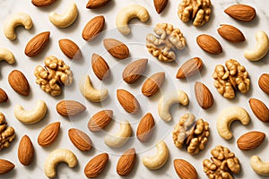 Mixed nuts on white background, top view. Nuts pattern