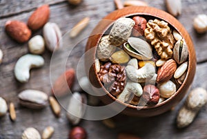 Mixed nuts in wooden bowl