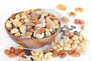 Mixed nuts in wooden bowl