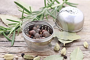 Mixed pepper corns and rosemary Rosmarinus officinalis