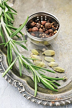 Mixed pepper corns and rosemary Rosmarinus officinalis