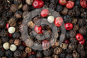 Mixed peppercorns background. Different colored peppercorns