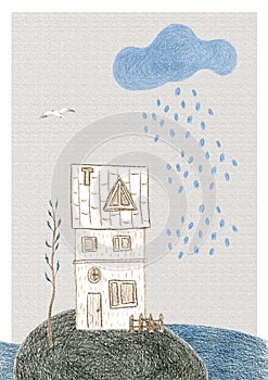 Mixed picture with a tiny cute house on a weather-beaten rock in mid-sea with a slim tree nearby and cloudlet with rain