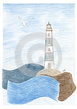 A mixed picture with a tiny cute white and blue ligthouse on a weather-beaten rock in a mid-sea with a huge waves and photo
