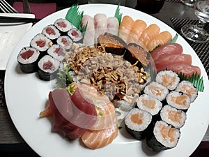 Mixed sushi `boat` at japanese restaurant