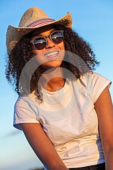 Mixed Race African American Teenager Young Woman In Cowboy Hat and Sunglasses