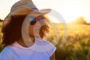 Mixed Race African American Woman Sunglasses Cowboy Hat Sunset