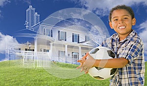 Mixed Race Boy Holding Ball with Ghosted House Drawing Behind