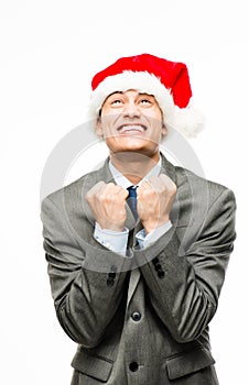 Mixed race businessman celebrating christmas isolated on white b