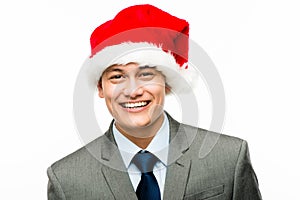 Mixed race businessman celebrating christmas isolated on white b