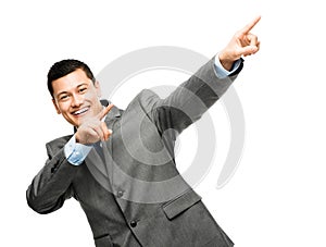 Mixed race businessman celebrating success isolated on white background